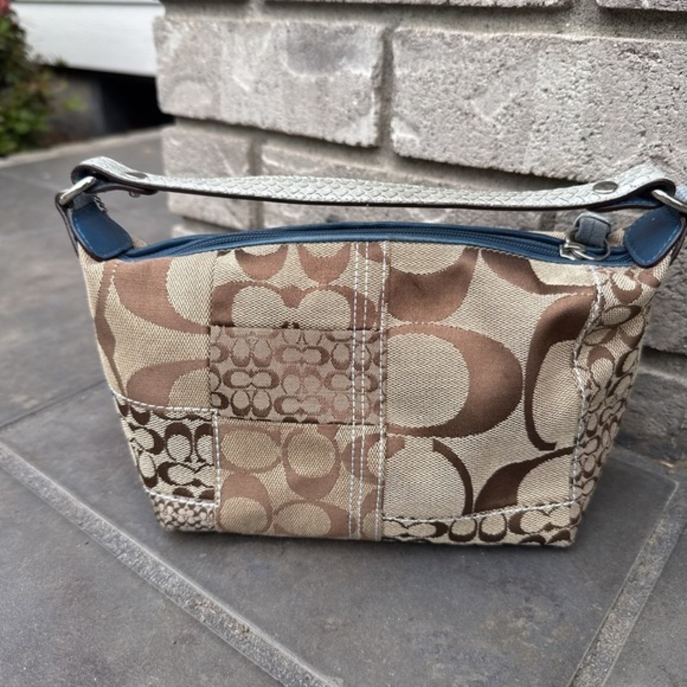 Vintage Brown Blue Coach Patchwork Logo Canvas Mini Handbag Suede Details Y2K - Picture 4 of 13